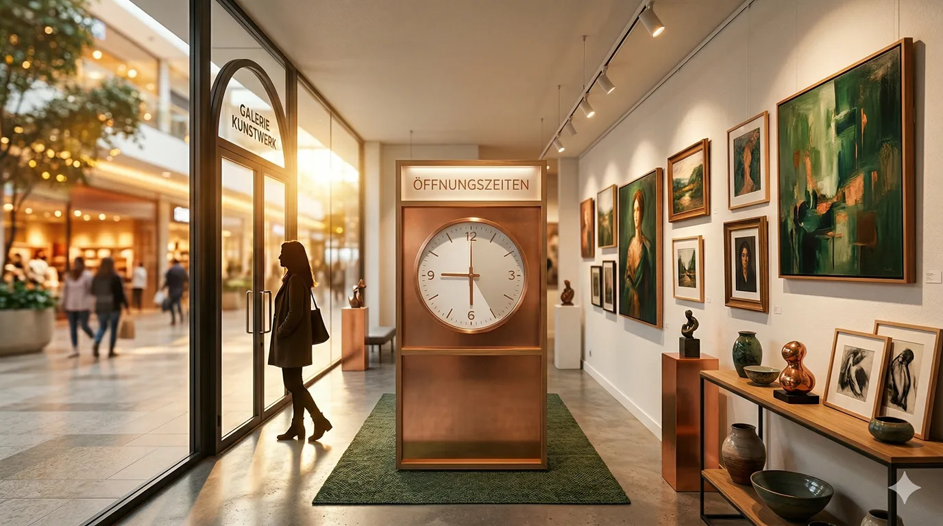Heller Galerieeingang mit großer Kupfer-Standuhr, grünen Gemälden an der Wand und einer eintretenden Besucherin