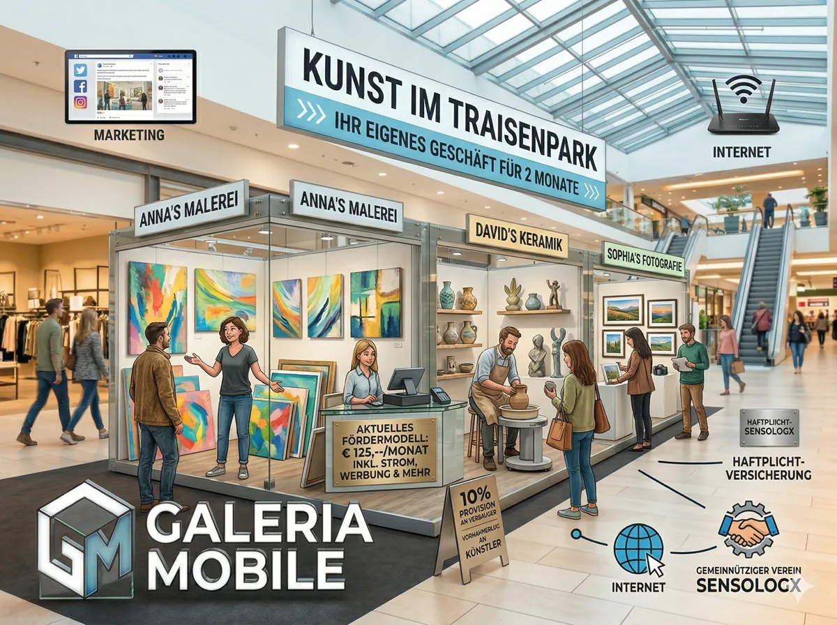 Innenansicht der Galeria mobile im Traisenpark mit Kunstwerken an Stellwänden und flanierenden Besuchern